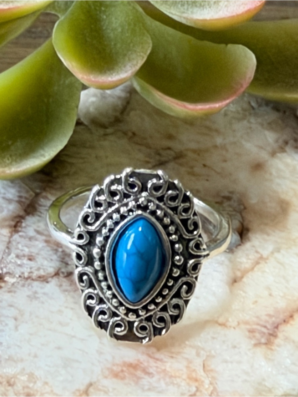 Turquoise Marquise Stone Filigree Sterling-Style Ring - Blue